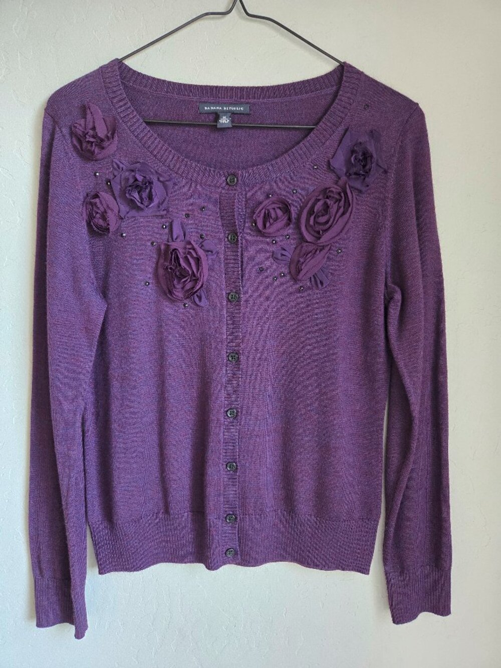BANANA REPUBLIC Purple Rosette Trim Merino Wool Blend Cardigan Sweater Women's M